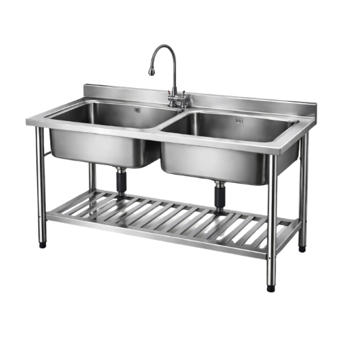 Edelstahl Gastrospüle mit Doppelbecken und Wasserhahn für Gastronomie und Eventküche