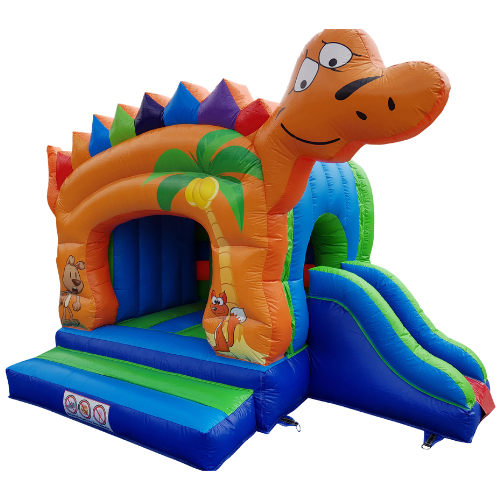 Hüpfburg Dino mit großem Dinosaurierkopf und Rutsche für Kindergeburtstage und Events