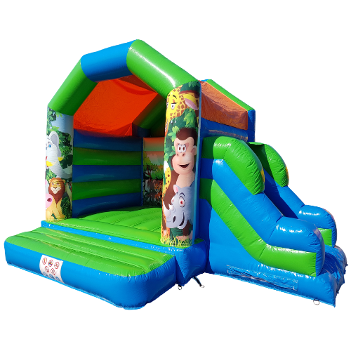 Hüpfburg Dschungel mit Rutsche und buntem Tiermotiv für Kindergeburtstage und Events von MK Partyverleih Iserlohn